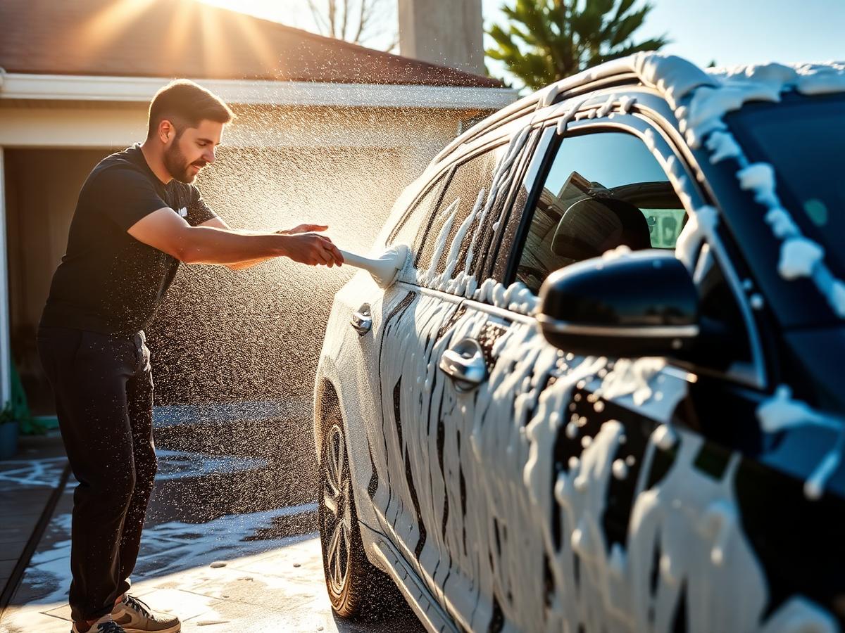 Detailer foam-washing a vehicle in a driveway